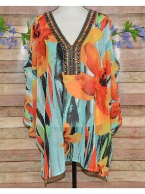 Melissa Paige Tunic Blouse Top Size 3X Flowey Art to Wear Beaded V-Neck Floral